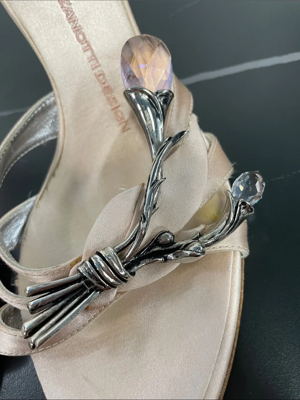 GUISEPPE ZANOTTI CRYSTAL AND SILVER TONE CHAMPAGNE SATIN HEEL MULES FTL-08-203